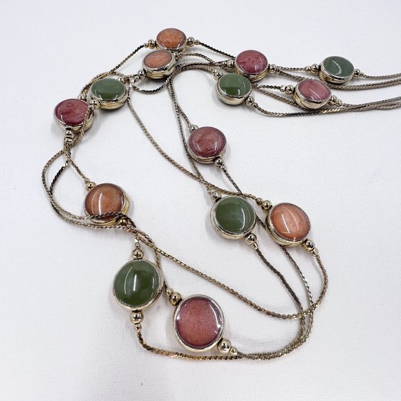 Green, Peach & Coral Enameled Disks Gold Tone 22” Multi Strand Necklace - Picture 6 of 7